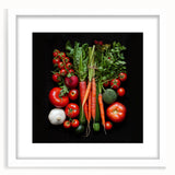 Abstract art print featuring assorted fruits in vibrant colors on a white framed canvas, ideal for dining room decor.