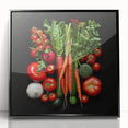 Large abstract wall art featuring assorted fruits in vibrant colors, framed in black acrylic, suitable for kitchen decor.