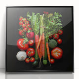 Large abstract wall art featuring assorted fruits in vibrant colors, framed in black acrylic, suitable for kitchen decor.