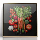 Mid-century modernist large art print of colorful fruits on acrylic, framed in gold, suitable for modern kitchen decor.