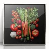 Mid-century modernist art depicting assorted fruits in vibrant colors on a silver-framed acrylic print.