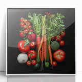 Art Deco poster featuring an array of fruits in bold colors on a white acrylic framed canvas, ideal for modern kitchen decor.