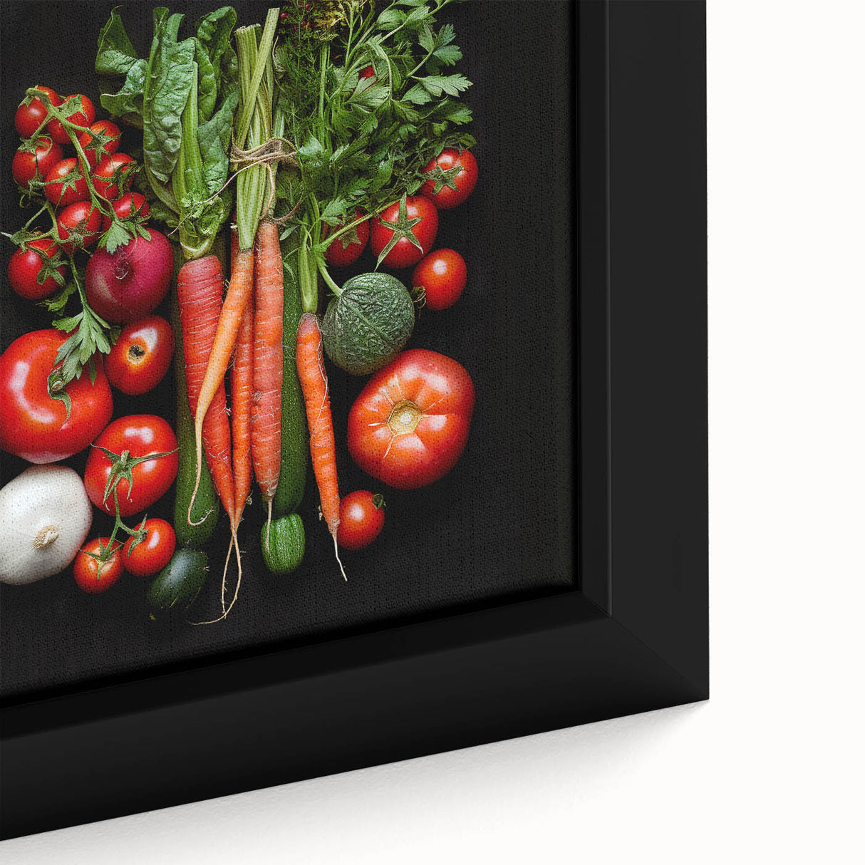 Close-up of extra large black wall art featuring colorful, textured fruits on a framed canvas, ideal for living room decor.