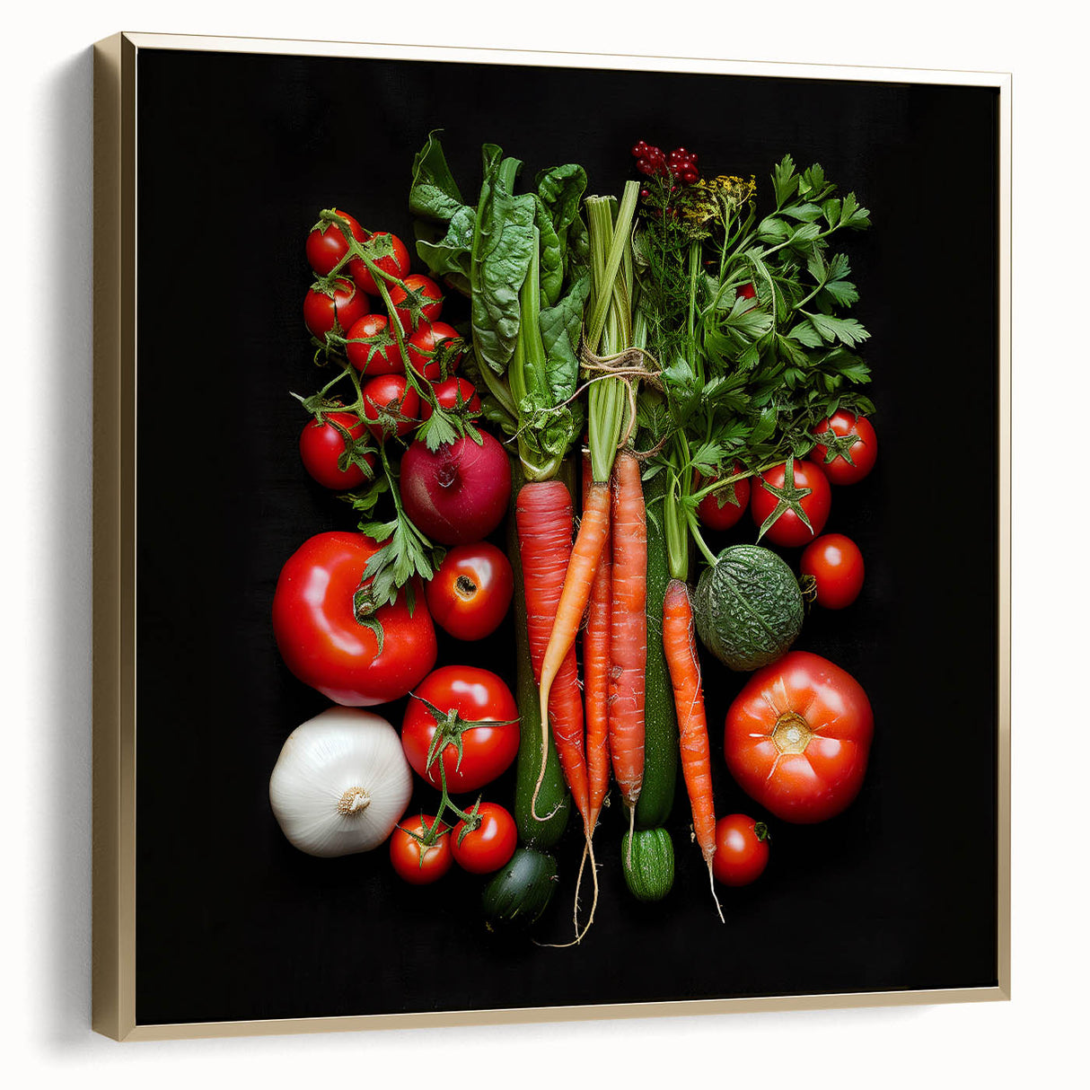 Framed canvas featuring a vintage poster of assorted fruits in silver and gold tones, ideal for bedroom wall decor.