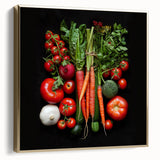 Framed canvas featuring a vintage poster of assorted fruits in silver and gold tones, ideal for bedroom wall decor.