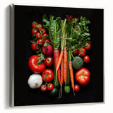 Framed canvas depicting vintage poster art of colorful fruits, ideal for kitchen wall decor.