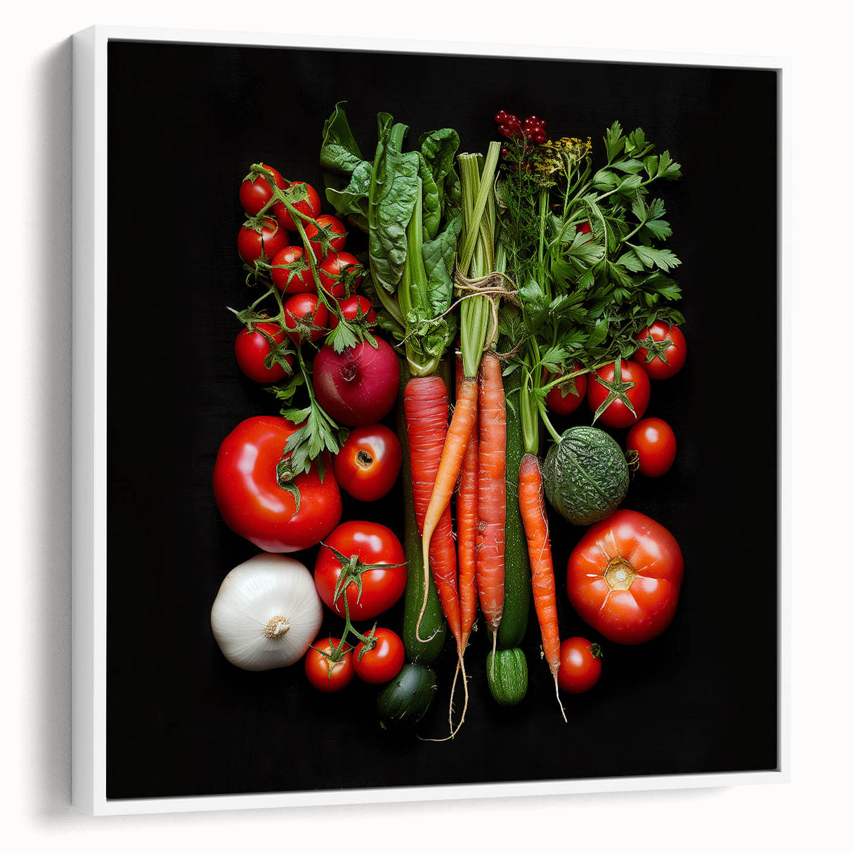 Vintage poster art of colorful fruits on a black background, framed canvas, ideal for living room decor.