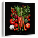 Vintage poster art of colorful fruits on a black background, framed canvas, ideal for living room decor.