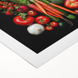 Art deco poster featuring a variety of colorful fruits on a rolled canvas, ideal for dining room wall art.