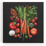 Black and white photo of assorted fruits on a stretched canvas, ideal for kitchen wall art.