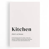 Large black and white stretched canvas depicting various kitchen utensils, ideal for kitchen wall art.