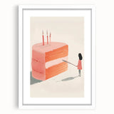 Abstract art print of assorted pastries in soft pastel tones, framed with a white mat, suitable for dining room decor.