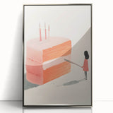 Mid-century modernist art depicting assorted pastries in soft pastel tones, framed in silver acrylic.