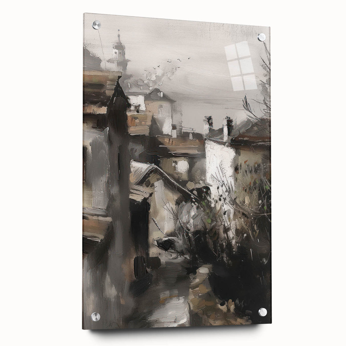 Acrylic wall art landscape design showcased in a sleek glass frame, featuring vibrant colors and intricate details, perfect for modern home decor.