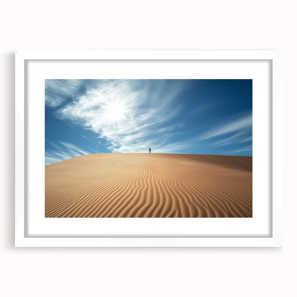 Desert landscape artwork framed in white mat, showcasing vibrant colors and intricate details, perfect for home decor or office settings. Ideal for nature enthusiasts.