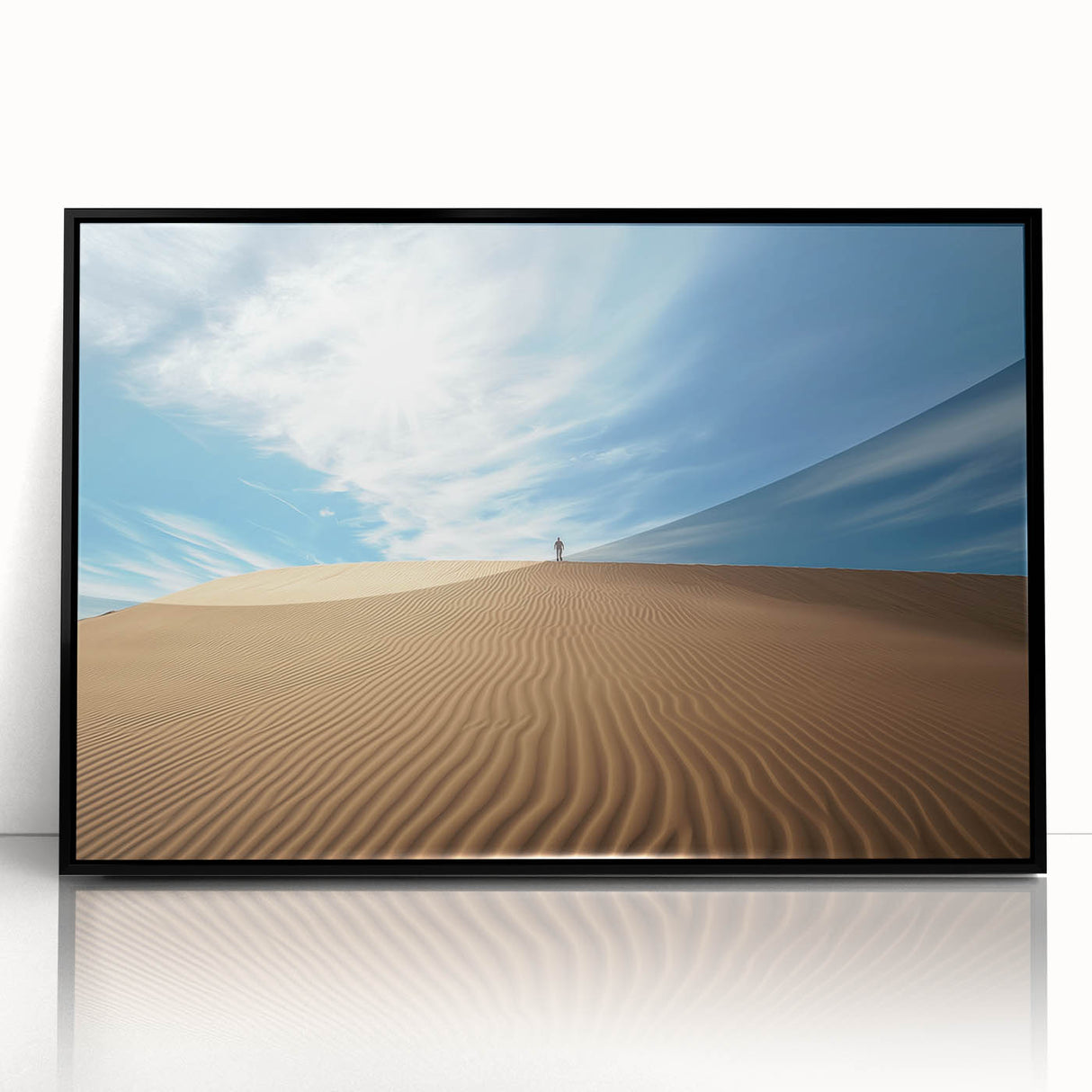 Framed acrylic artwork showcasing a vibrant desert landscape with striking colors, set against a sleek black frame, perfect for home decor enhancement.