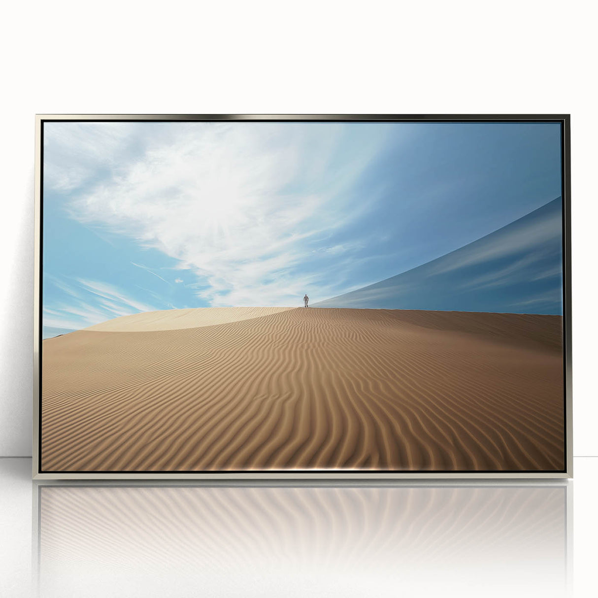 Framed acrylic artwork showcasing a stunning desert landscape, featuring vibrant colors and intricate details, ideal for modern home decor.