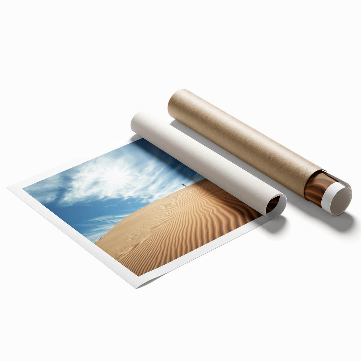 Desert landscape rolled canvas print showcasing vibrant hues of orange and blue, perfect for home decor. Packaged securely in a cardboard tube for delivery.