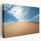 Desert landscape stretched canvas artwork showcasing vibrant hues of orange and yellow, depicting a serene sunset over sand dunes, ideal for home decor.