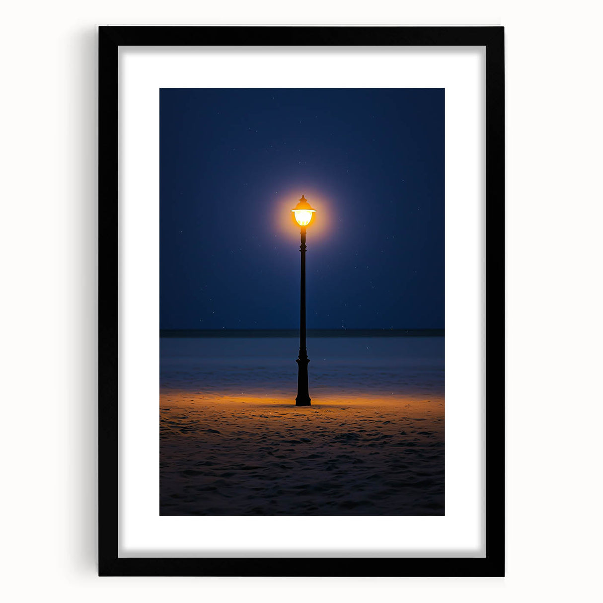 Black-framed landscape art print showcasing serene desert dunes, featuring a contrasting white mat for an elegant display, ideal for home decor or office aesthetics.