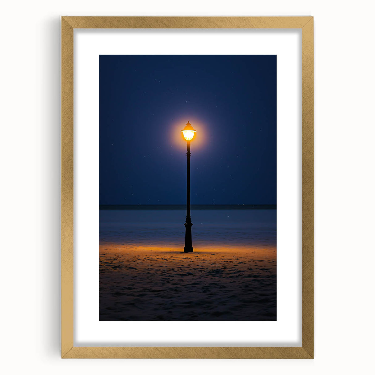 Elegant framed landscape artwork showcasing serene dunes in soft beige and gold tones, featuring a stylish mat and a luxurious gold frame, perfect for home decor.