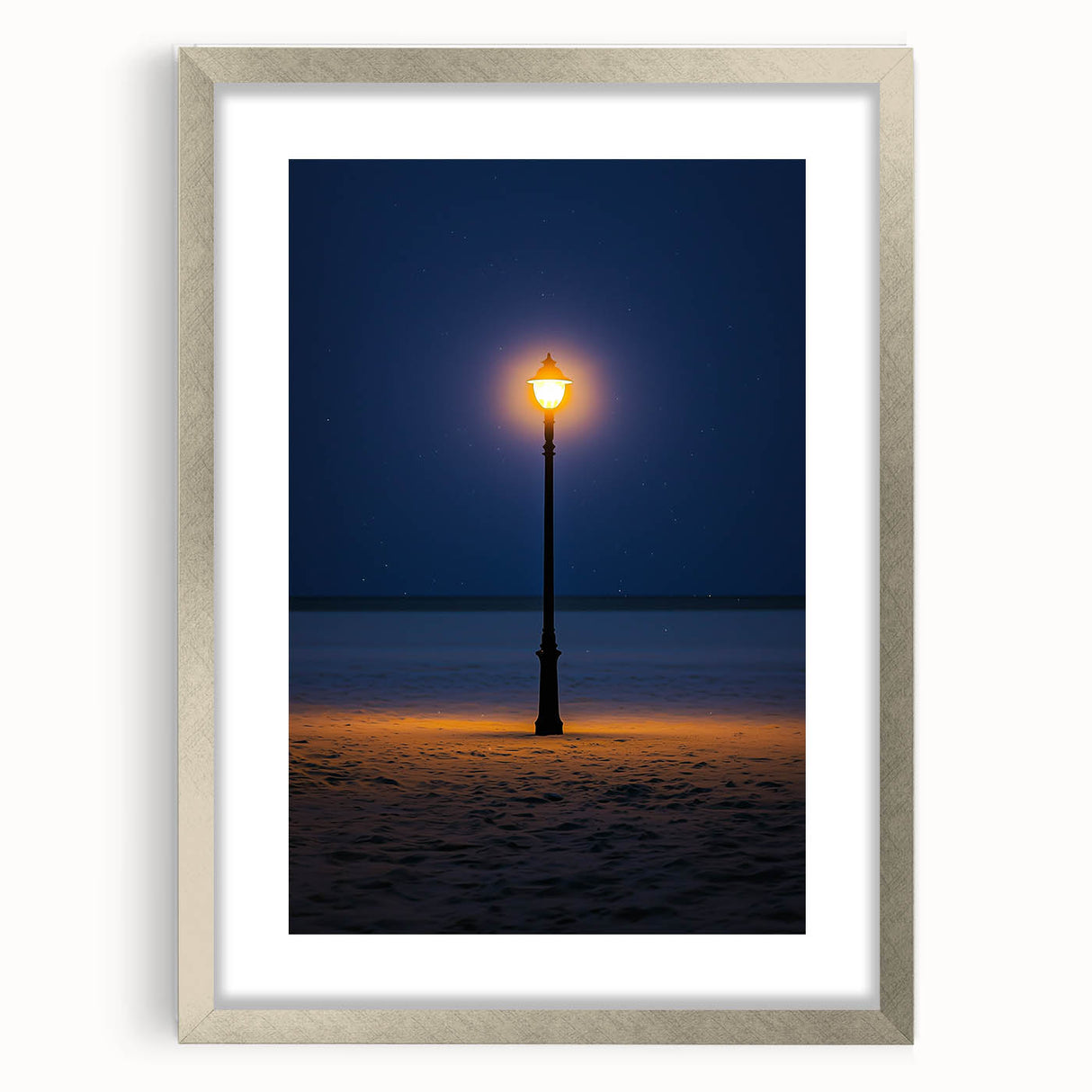 Elegant silver-framed landscape artwork showcasing serene sand dunes under a clear blue sky, perfect for enhancing home decor with a touch of nature.
