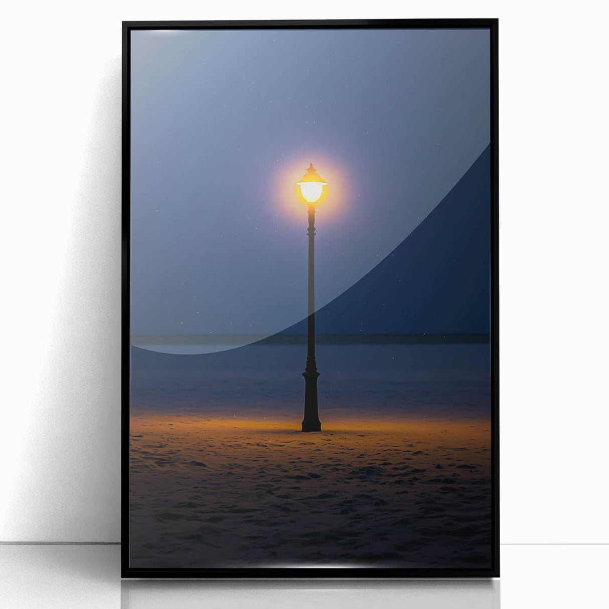 Framed acrylic artwork showcasing a stunning landscape of dunes, with a sleek black frame and a modern front view, perfect for home decor or office enhancement.