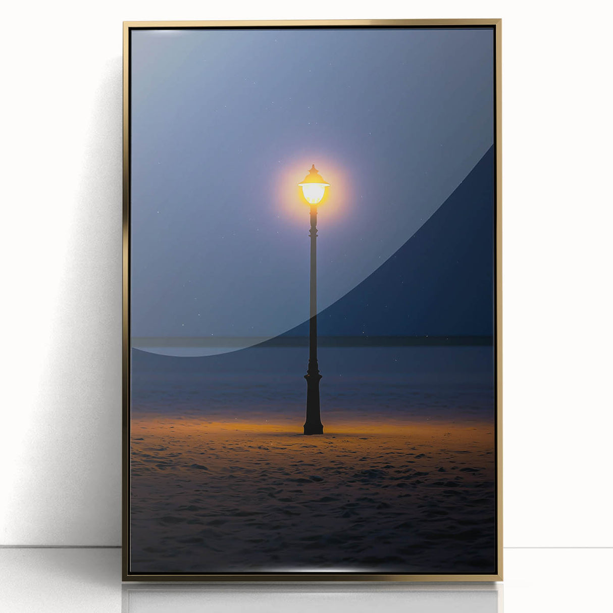 Framed acrylic artwork showcasing a stunning desert dune landscape in gold tones, perfect for modern home decor and enhancing interior aesthetics.