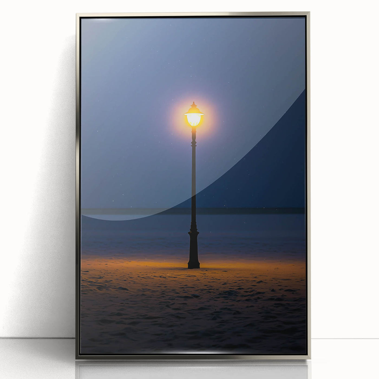Framed acrylic artwork showcasing serene sand dunes landscape in silver frame, emphasizing soft beige and golden tones, ideal for modern home decor.