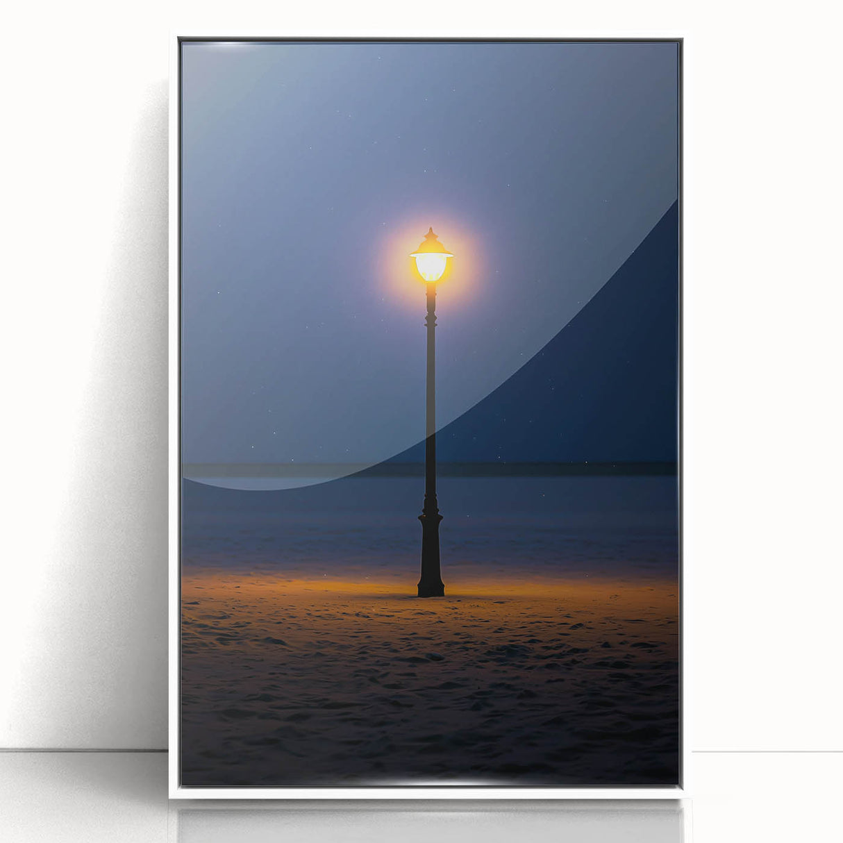 Framed acrylic print of a serene desert landscape featuring soft beige and golden dunes, presented in a sleek white frame, ideal for modern home decor.