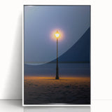 Framed acrylic print of a serene desert landscape featuring soft beige and golden dunes, presented in a sleek white frame, ideal for modern home decor.