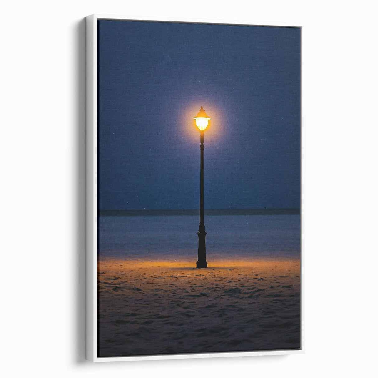 Framed canvas art showcasing a stunning landscape of golden sand dunes under a bright blue sky, presented in a sleek white frame, perfect for modern decor.