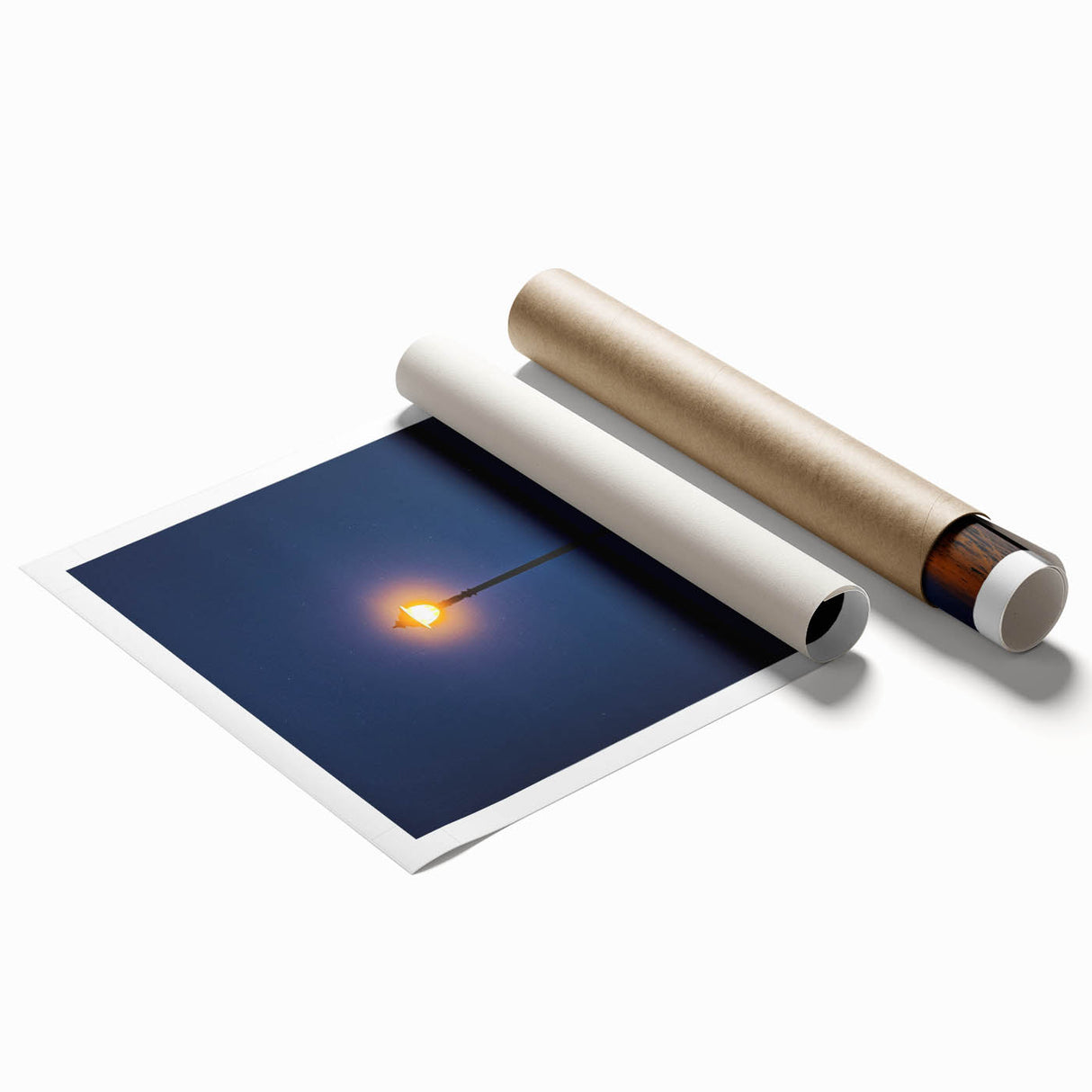 Desert landscape rolled canvas print showcasing vibrant golden dunes under a clear blue sky, elegantly packaged in a protective cardboard tube. Perfect for home decor.