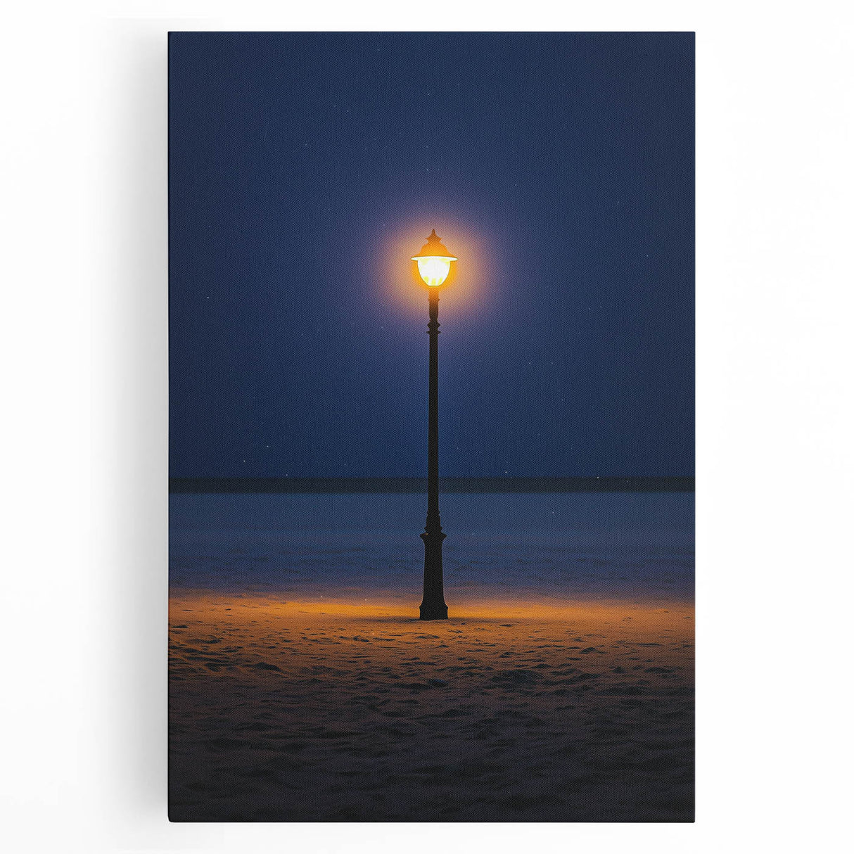 Stretched canvas artwork depicting serene sand dunes under a vibrant sunset, showcasing warm golden and orange hues, ideal for enhancing modern home decor.