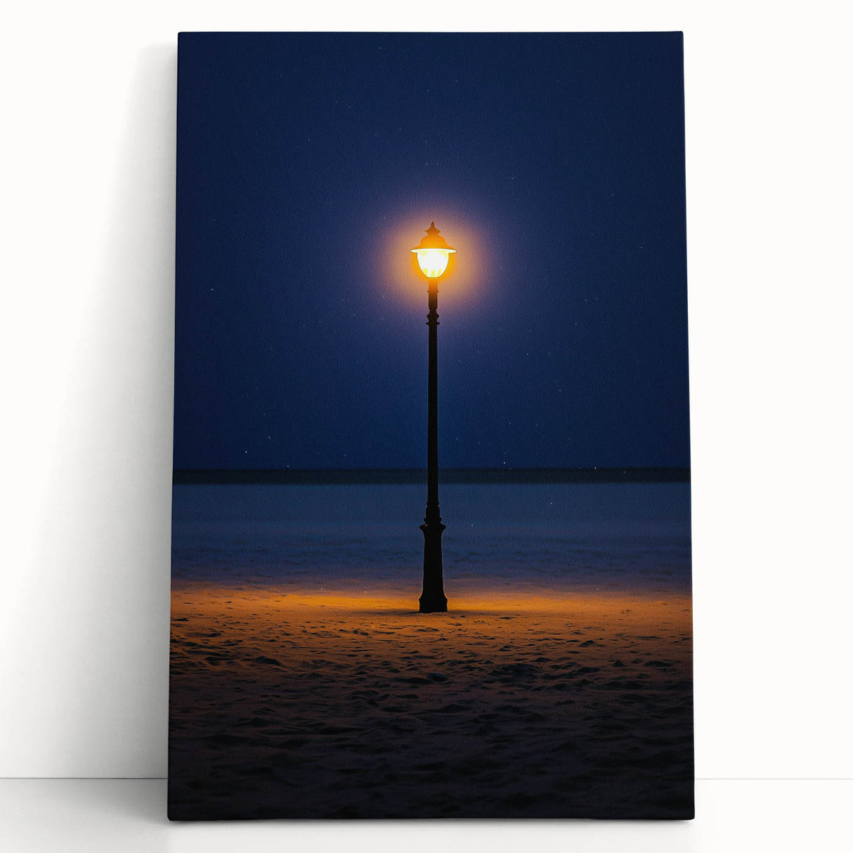 Stretched canvas artwork showcasing serene desert dunes at sunset, featuring warm hues of orange and yellow, perfect for enhancing modern home decor.