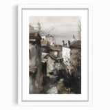 White-framed landscape artwork with a mat, showcasing a serene nature scene featuring lush greenery and mountains, ideal for home decor or office aesthetics.