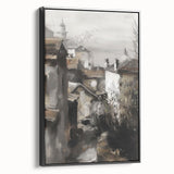 Framed canvas print showcasing a vibrant landscape design with rich colors, set against a sleek black frame, ideal for modern home decor. Perfect for enhancing living spaces with artistic flair.