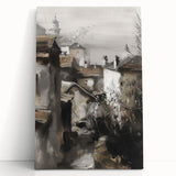 Stretched canvas artwork showcasing an abstract landscape design in vibrant colors, leaning against a wall, perfect for modern home decor. Ideal for enhancing interior spaces with artistic flair.