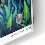 Large abstract wall art print inspired by Van Gogh on acrylic glass, featuring swirling blues and yellows.