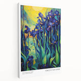 Impressionist-style painting of a starry night with vibrant blue and yellow swirls on a stretched canvas.