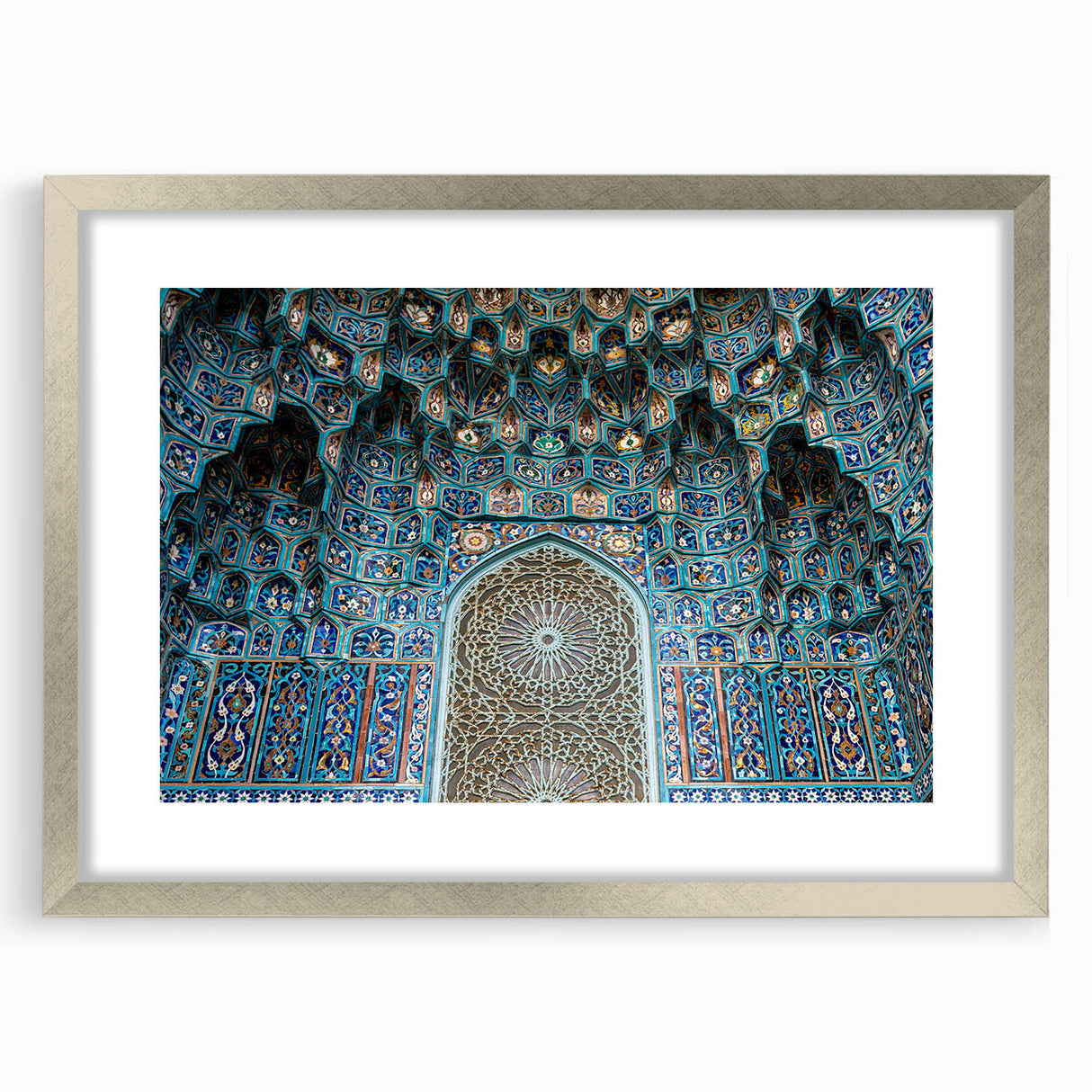 Abstract art print of a Moroccan landscape in muted earth tones, framed in silver, ideal for dining room decor.