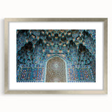 Abstract art print of a Moroccan landscape in muted earth tones, framed in silver, ideal for dining room decor.