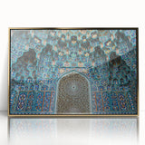 Mid-century modernist art depicting a Moroccan landscape in earthy tones on a framed acrylic, ideal for nursery wall decor.