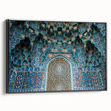 Black and white framed canvas featuring a vintage-style Moroccan landscape, ideal for bedroom decor.