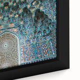 Extra large framed canvas featuring a textured black wall art of a colorful Moroccan scenery, ideal for living room decor.