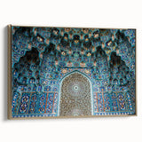 Framed canvas featuring a vintage-style landscape painting of a Moroccan scenery in colorful hues.