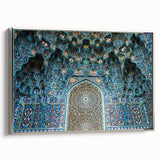 Vintage poster art of a Moroccan landscape in vibrant colors on a large framed canvas, ideal for living room decor.