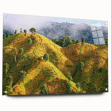 Acrylic glass print of a large abstract depiction of Bangladesh scenery in vibrant green and blue tones.