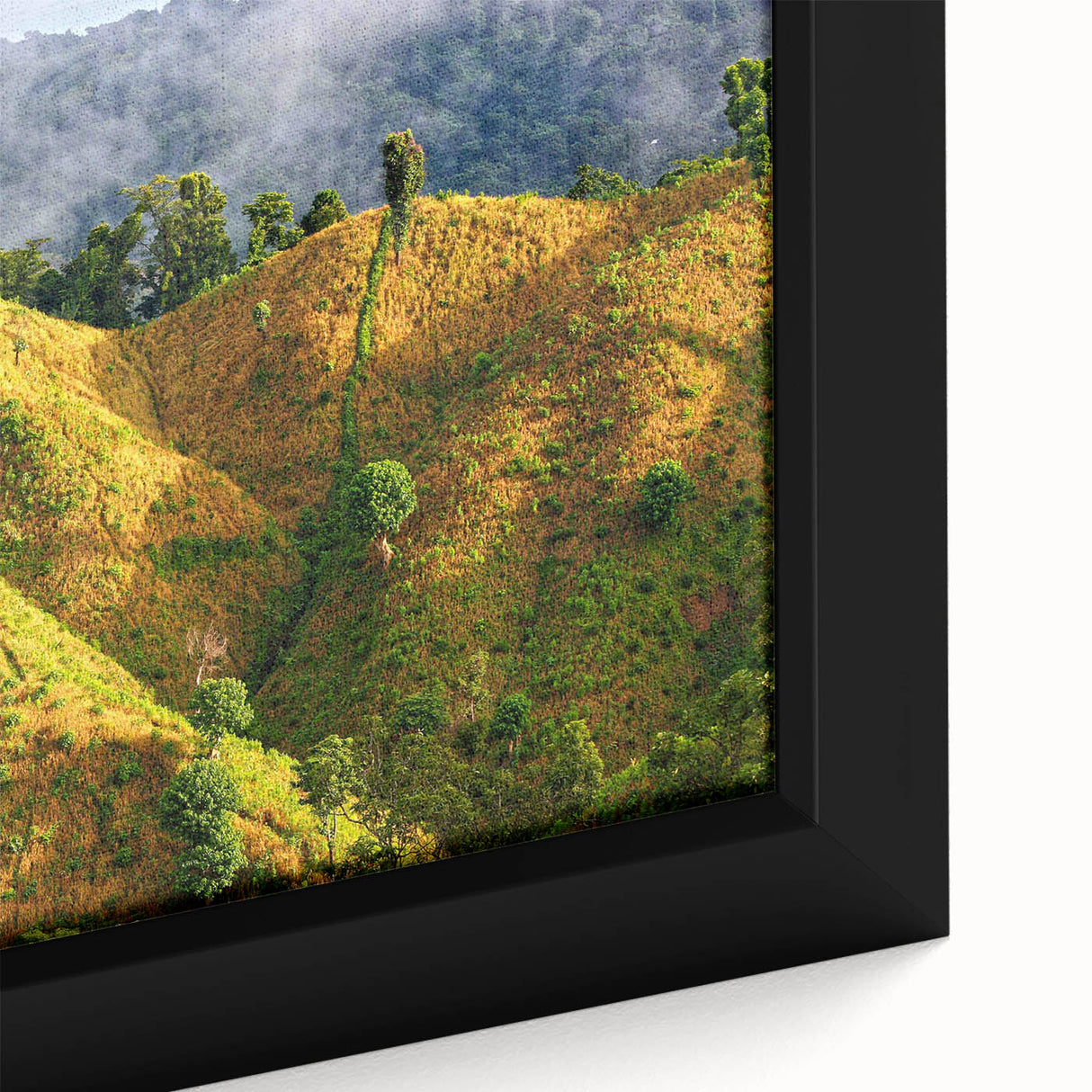 Close-up of extra large framed canvas featuring a textured, colorful abstract design, ideal for living room decor.