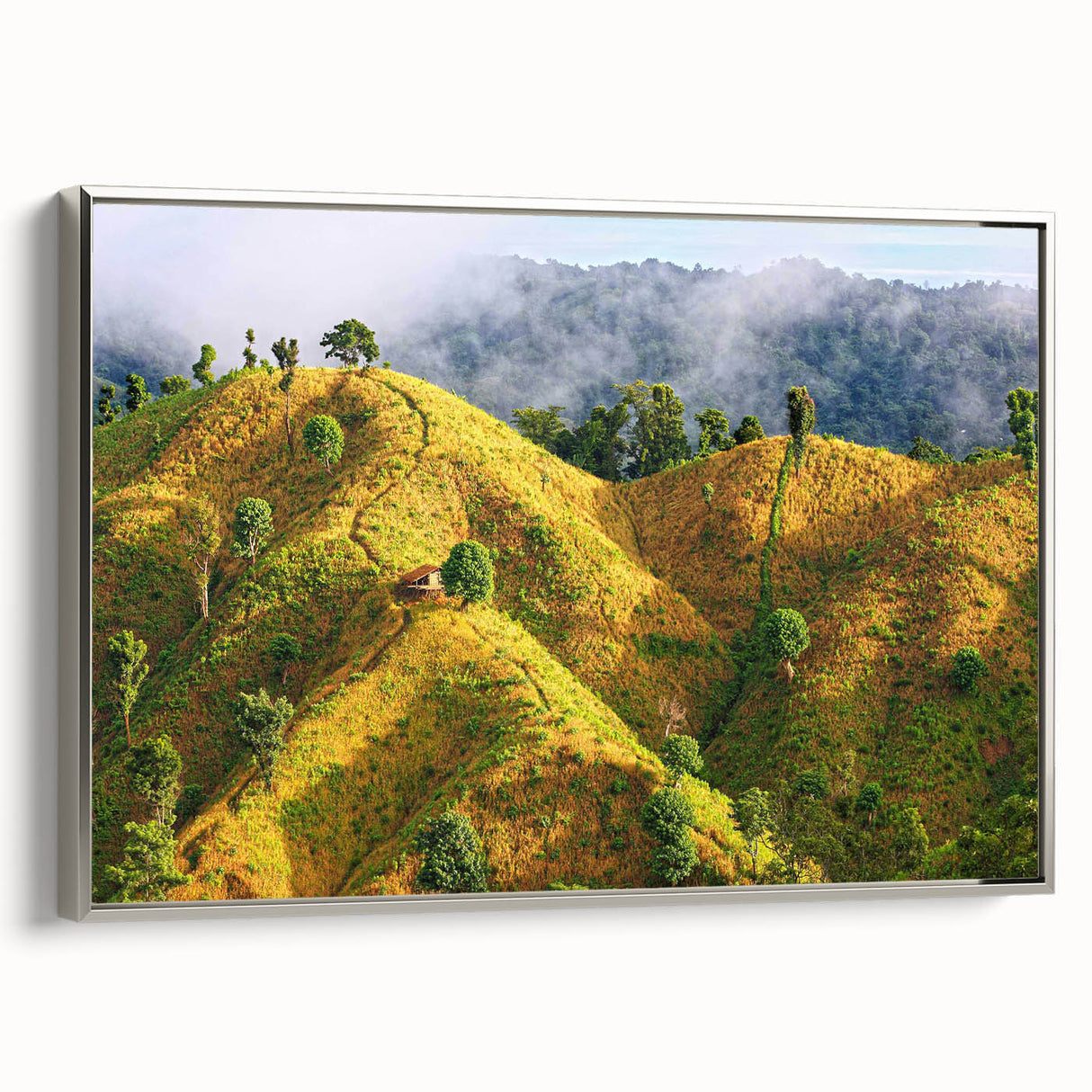 Framed canvas of a colorful Bangladeshi landscape with vintage poster art style.